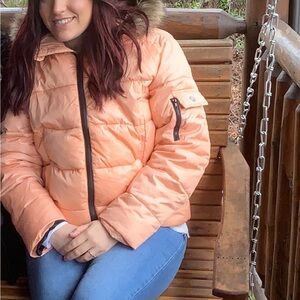 Peach Puffer Jacket with Fur Trim